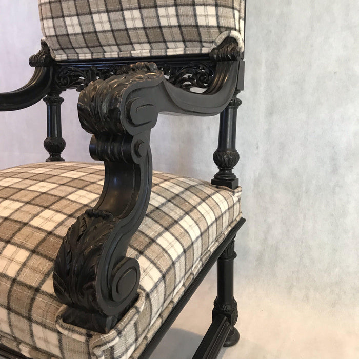 tartan pair french carved chairs