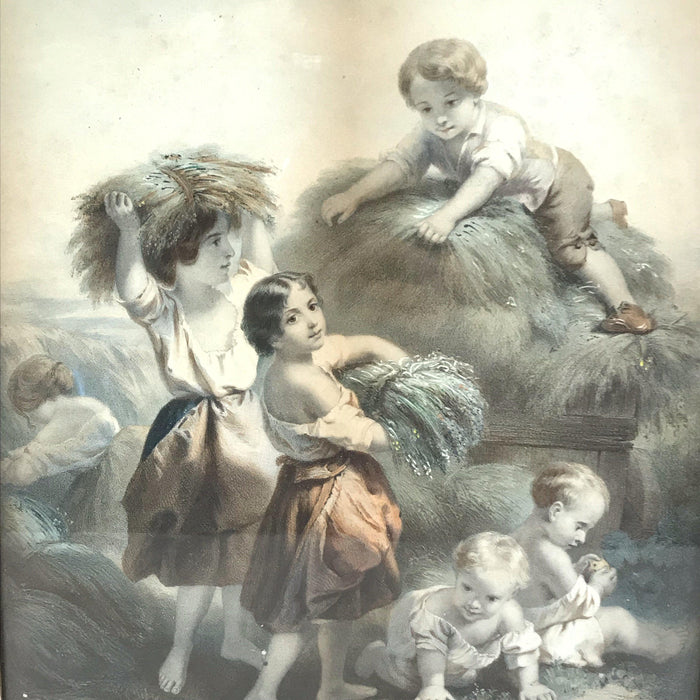 Antique painting of children playing in hay in a lemon gold frame 