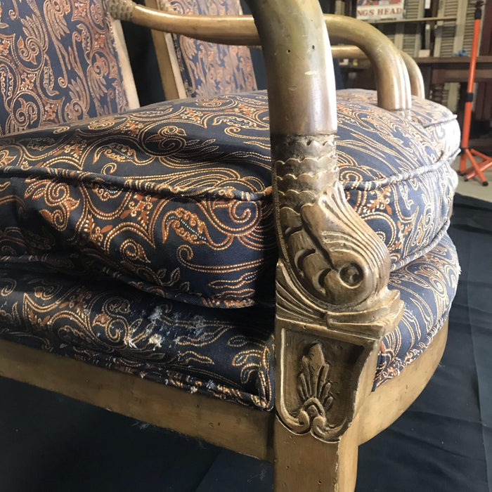 Pair of Antique French Empire Style Armchairs with Carved Arm Dolphins