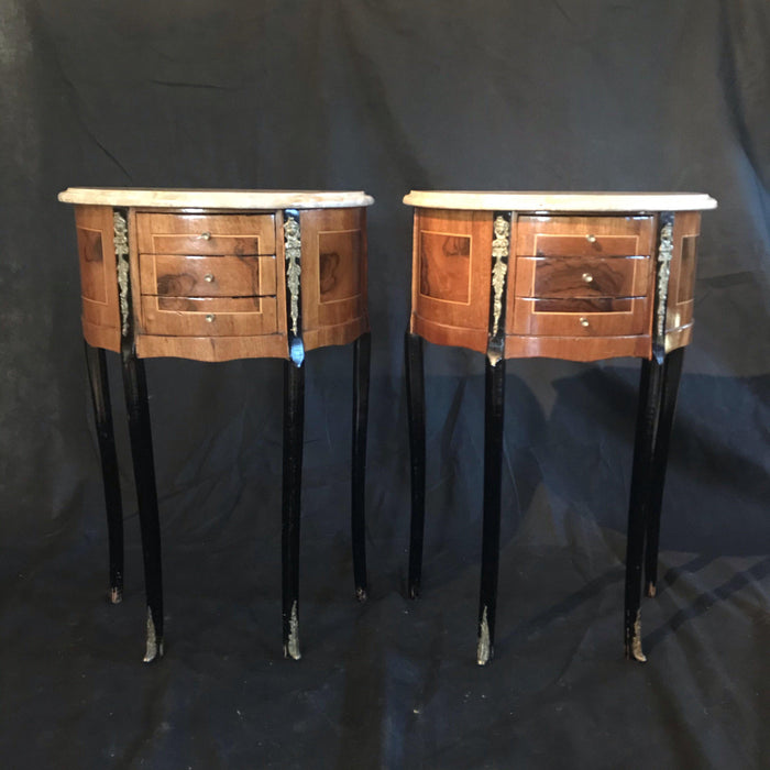 Pair of Marble Top French Ebony and Walnut 3-Drawer Nightstands or Side Tables