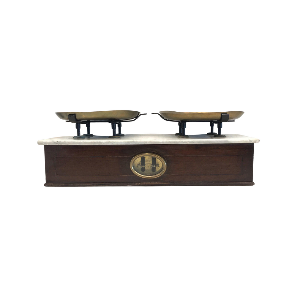 French wooden scale with a marble top and brass scales