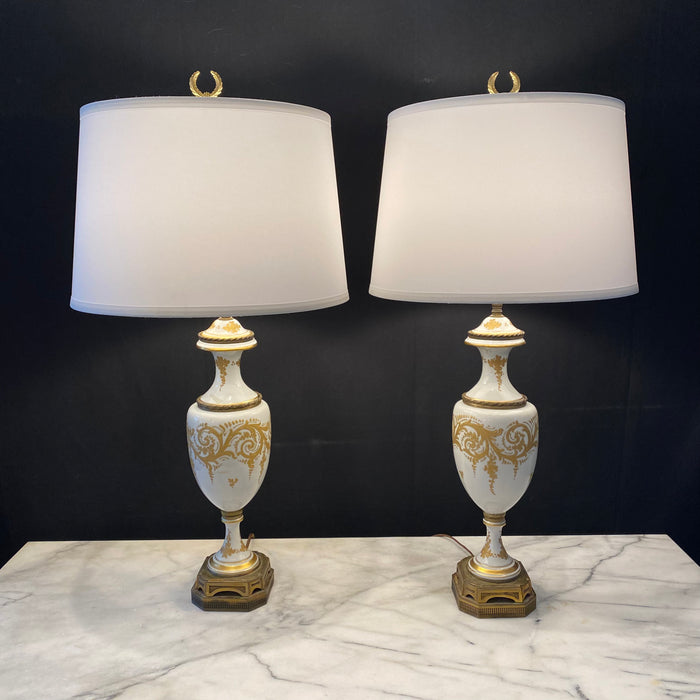 Pair Neoclassical White and Gold Lamps