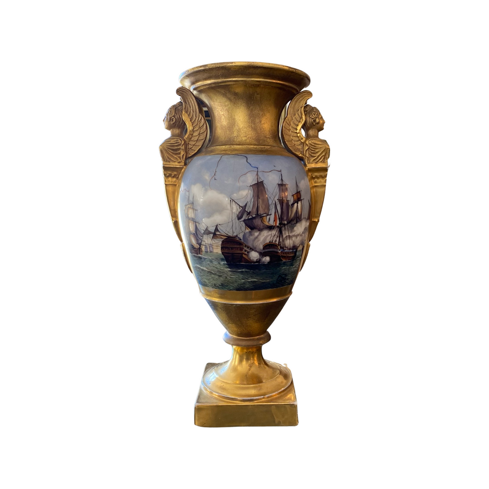 French Hand Painted Gold Gilt Vase Depicting Ships in Battle and Coat of Arms