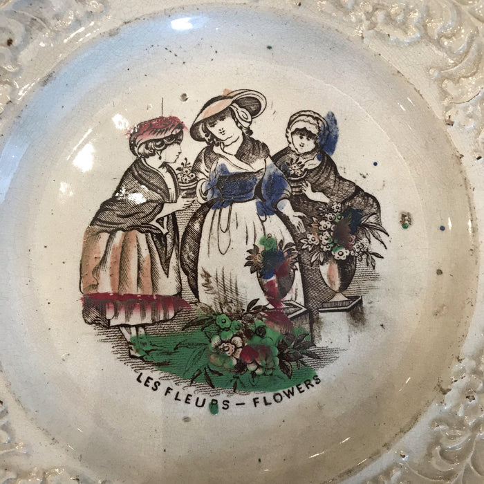 Set of Three French Early 1800s Century plates: Flowers, Boatmen, Dandies and Schoolmaster