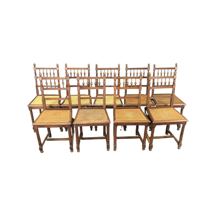 Set of Nine Period French Henri II Oak Caned Dining Chairs