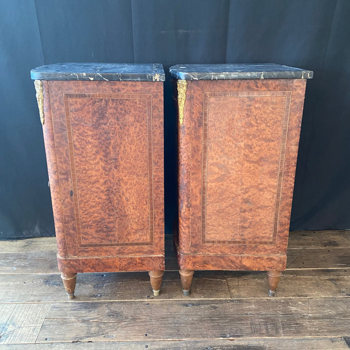 French Antique Pair of Marble Top Burlwood Inlaid Nightstands or Side Tables with Figural Marquetry