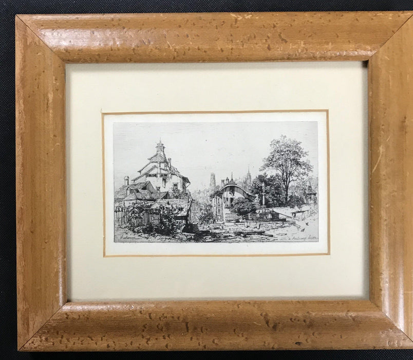 Antique engraved print/artwork in a walnut wood frame 