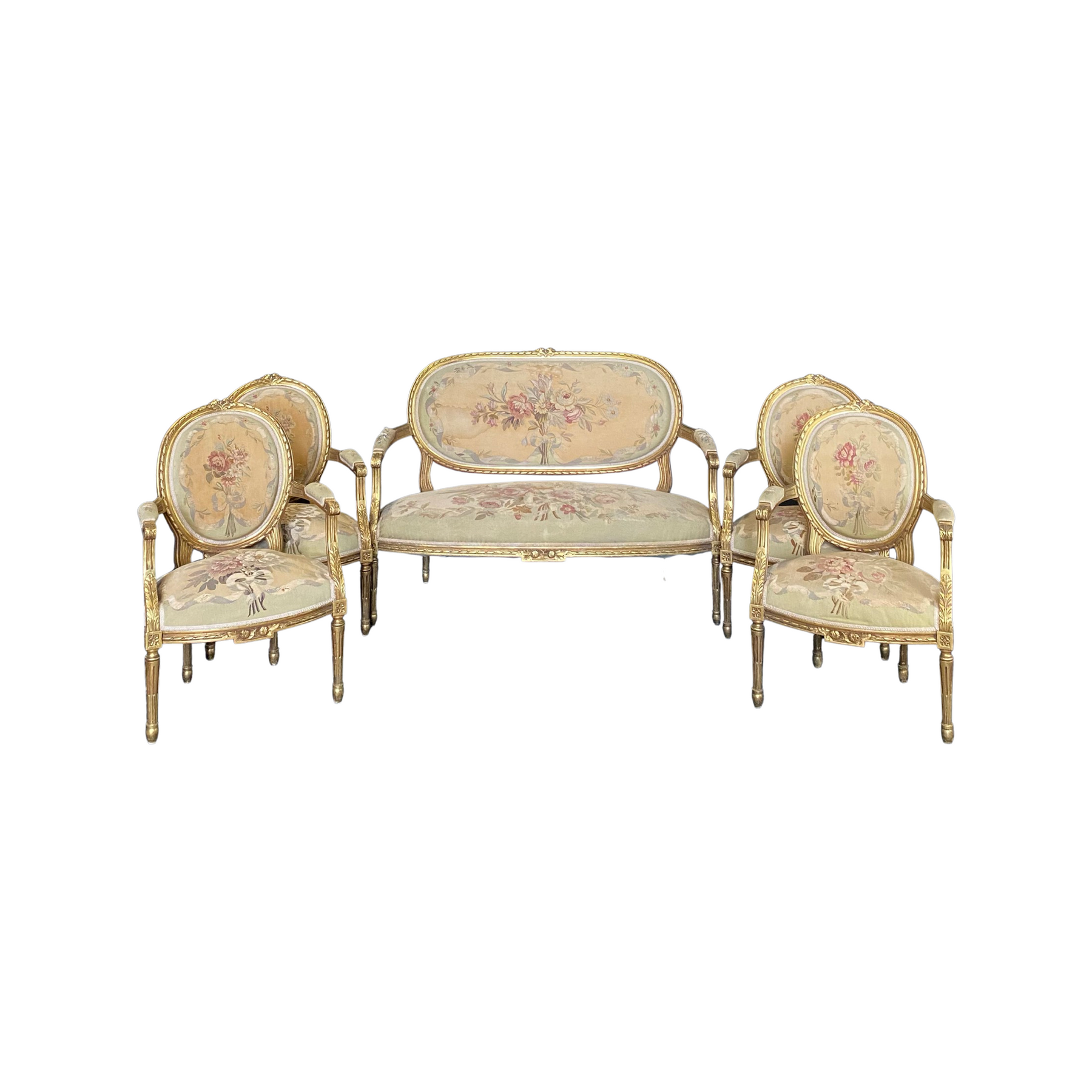 Pair of Louis XVI French Aubusson Tapestry Fruitwood Armchairs