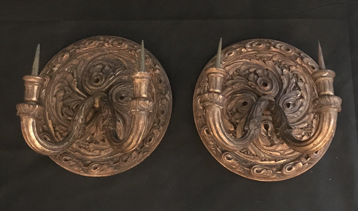 Pair of Early 19th Century French Carved Wood Gold Gilt Two-Light Wall Sconces