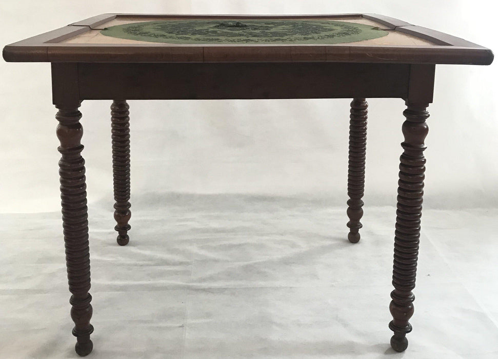 For sale: French Provincial Walnut Game Table or Console with Original Circular Patterned Felt