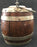 Antique oak biscuit barrel with silver banding and handle 