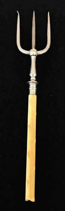 Antique British Silver Bread Fork or Serving Fork with Sterling Band and Carved Twig Handle