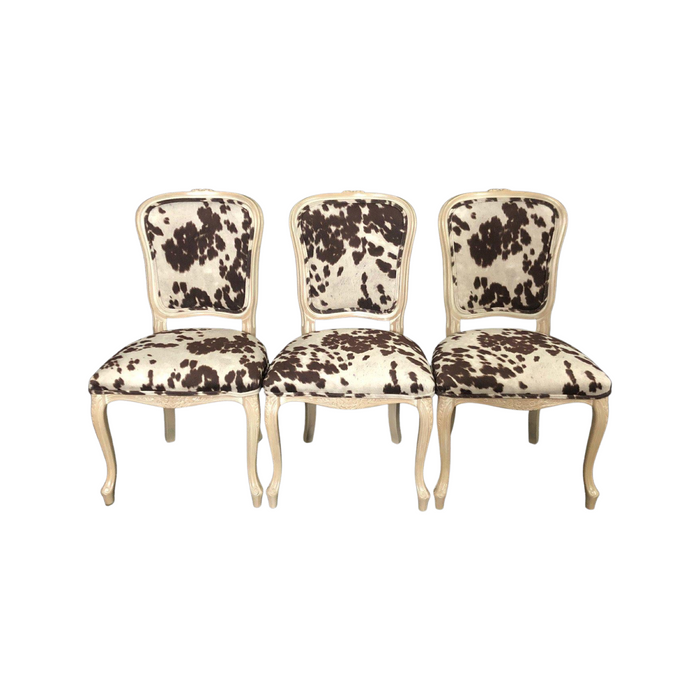 Set of Three French Louis XV Style Cerused Side Chairs with Faux Hide upholstery