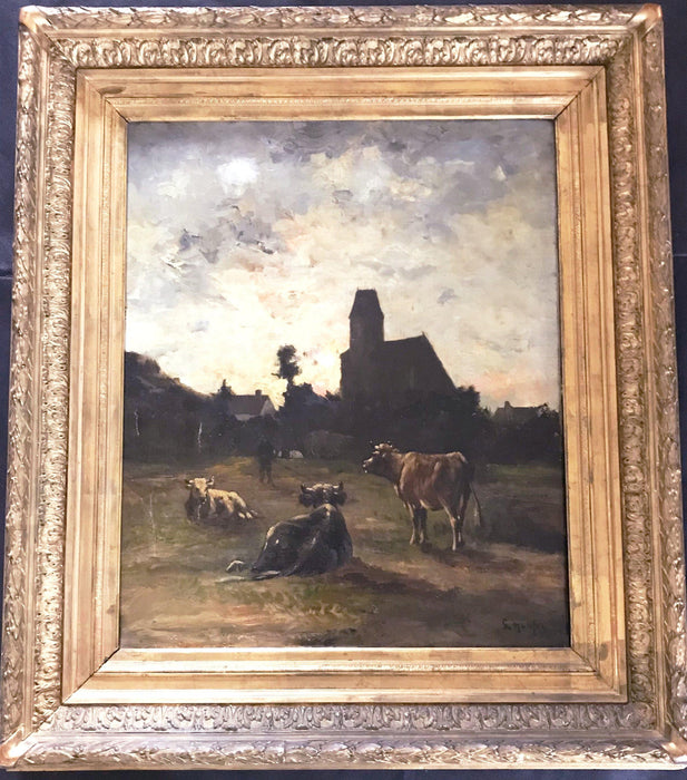 French Oil painting by listed artist Louis Remy Matifas (1847-1896) Normandy Churchyard for sale