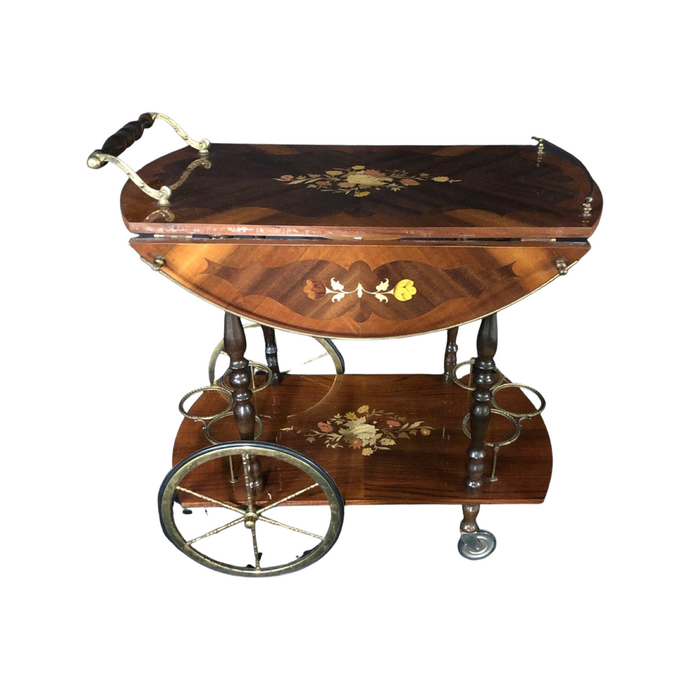 Italian Marquetry Lacquered Drop Leaf Walnut and Brass Bar Cart