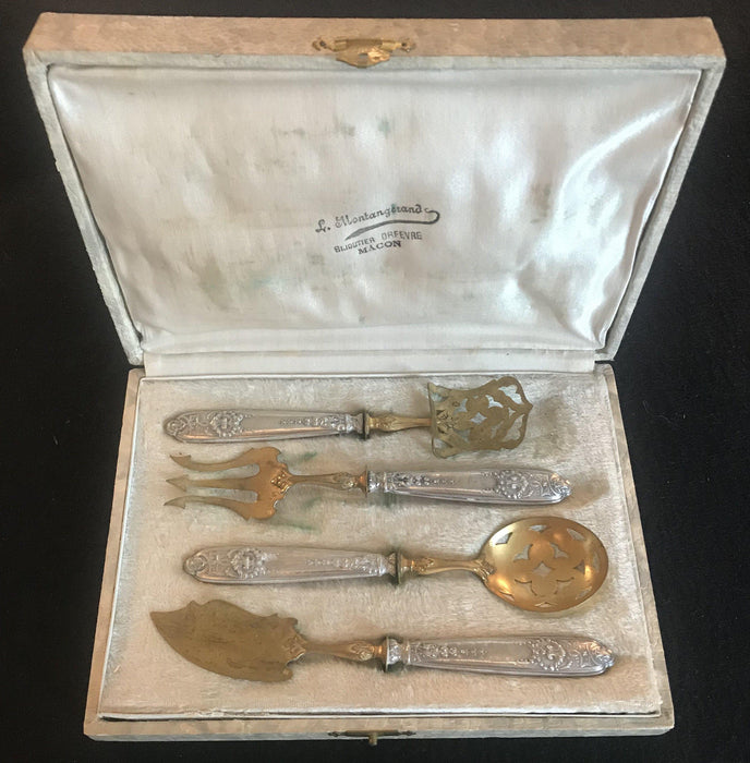 For sale: French Silver and Gold Dessert Hors D'oeuvre Set Four Pieces with Box: L. Montangerand, Macon