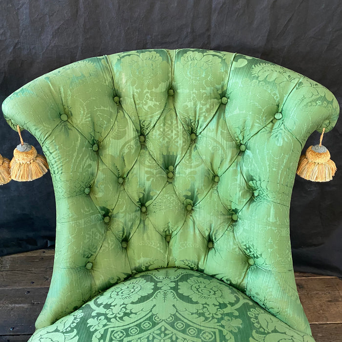 Pair of French Napoleon II Green Silk Tufted Back Slipper Chairs