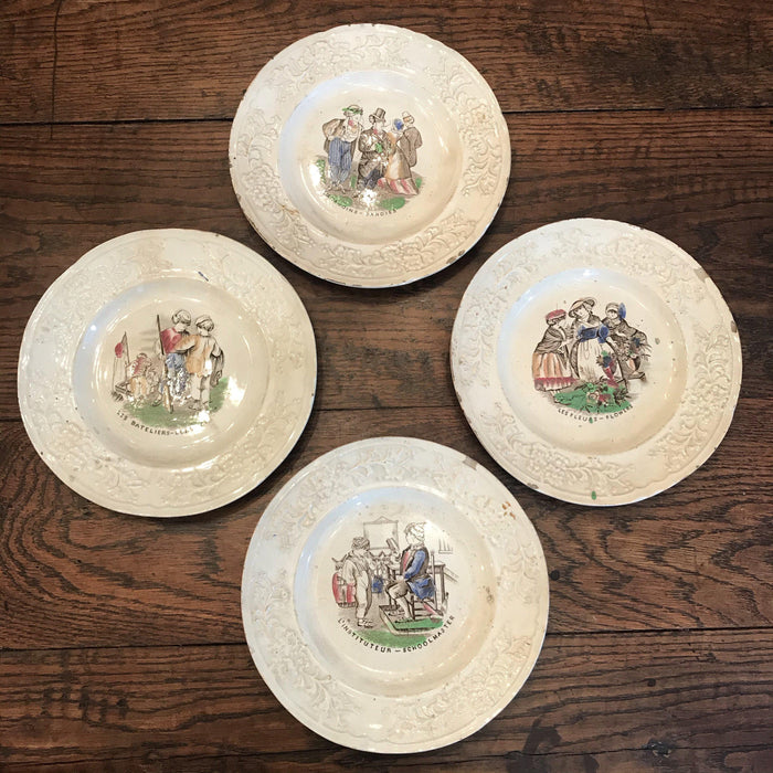 Set of Four French Early 1800s Century plates: Flowers, Boatmen, Dandies and Schoolmaster