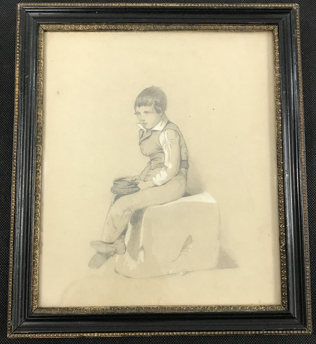 Antique drawing of a boy in a black and gold frame 