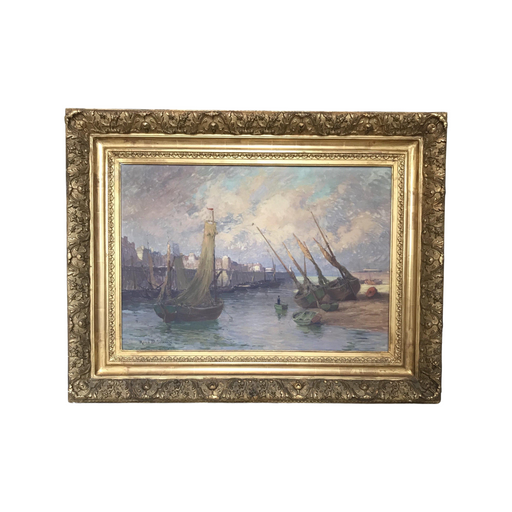 Original French 19th/Early 20th Century Oil Painting: Nautical Schooners and French Seaside by Rene Debraux (1868-1938)