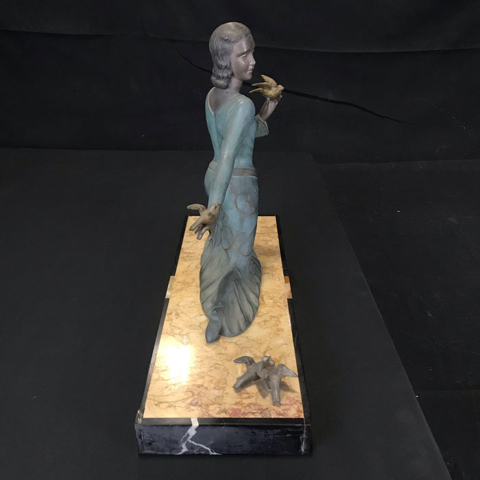 “A Lady with her Birds” French Art Deco Bronze and Marble Sculpture Signed by Listed Artist M. Secondo