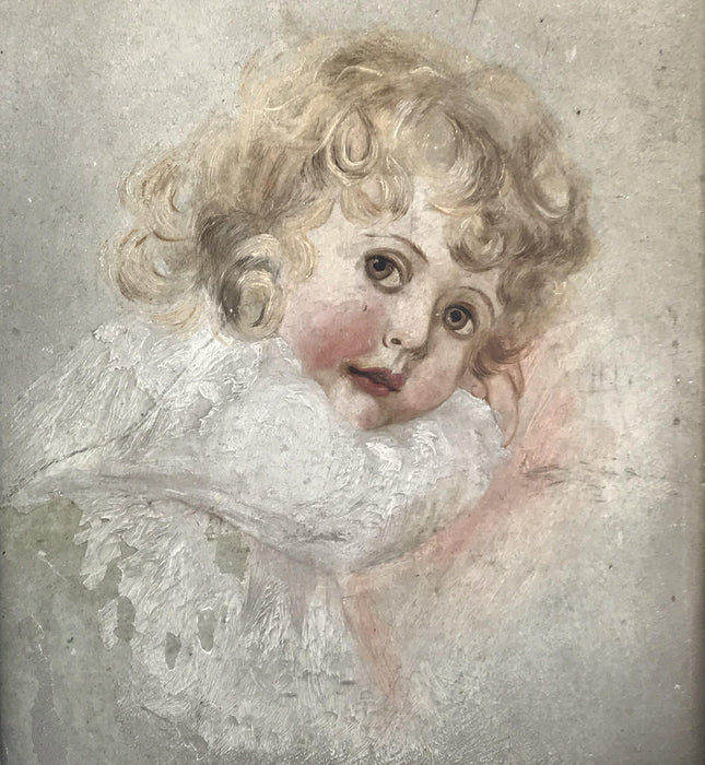 Antique painting of a child in a faux painted wood frame 