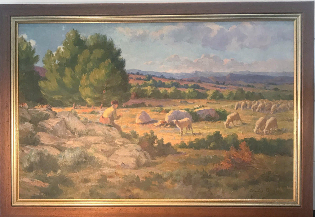 For sale: French Shepherd and Flock of Sheep in Brilliant Colors: Oil Painting Charles Joseph Berges 