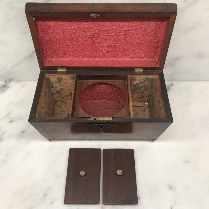 Antique wooden tea box with red interior and glass bowl