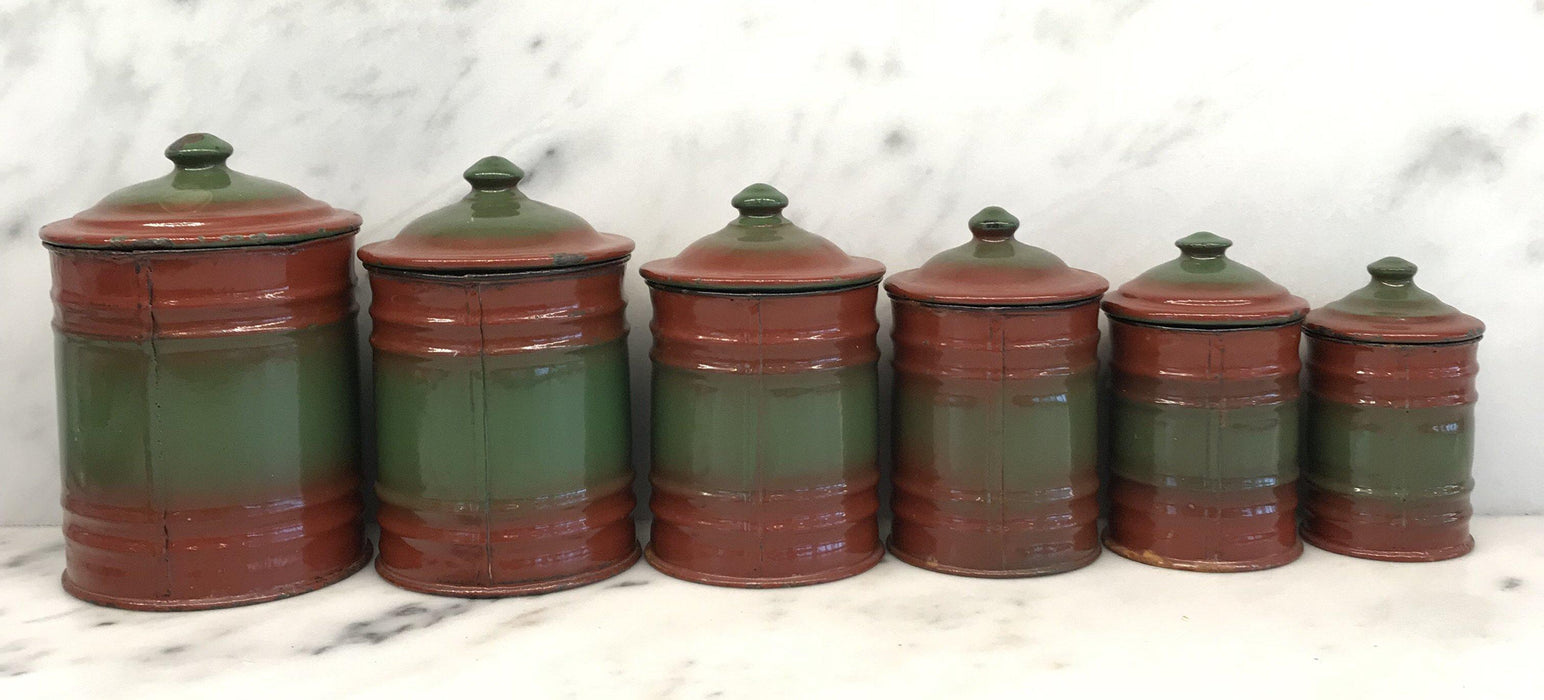 Six Piece French Enamel Kitchen Canister Set Red/Green For Sale