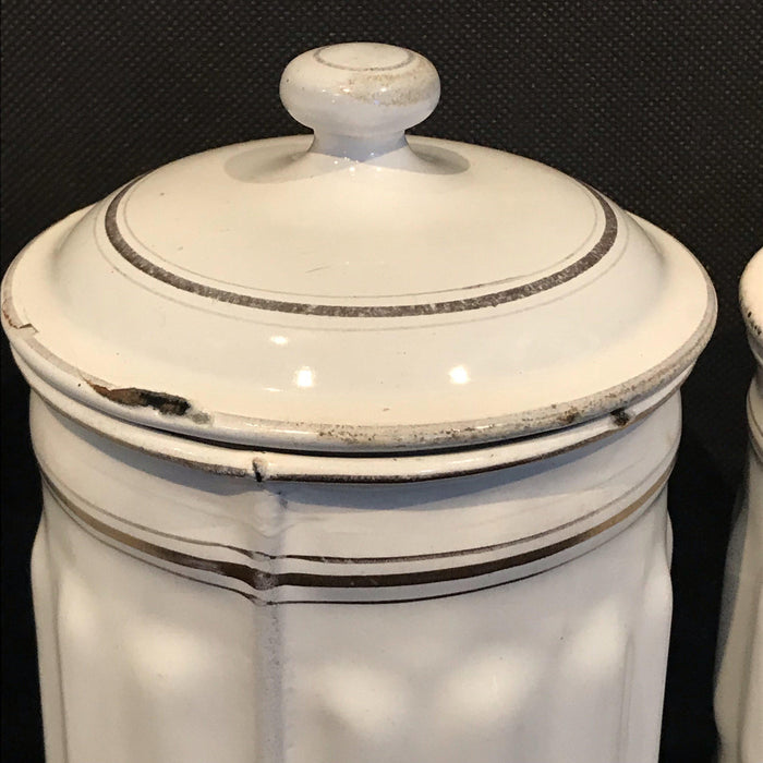 Antique white and gold enamel canister kitchen set with lids 