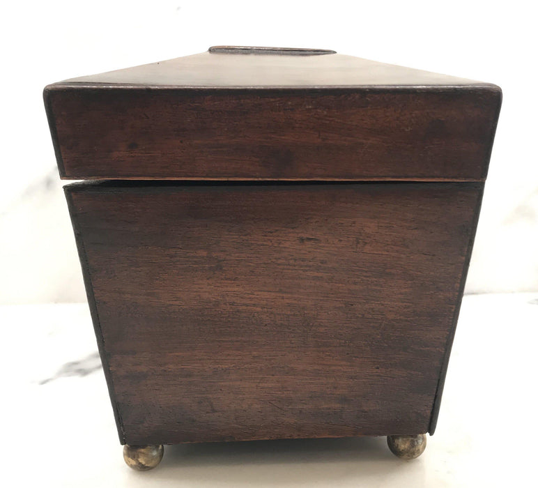 Antique wooden tea box with red interior and glass bowl