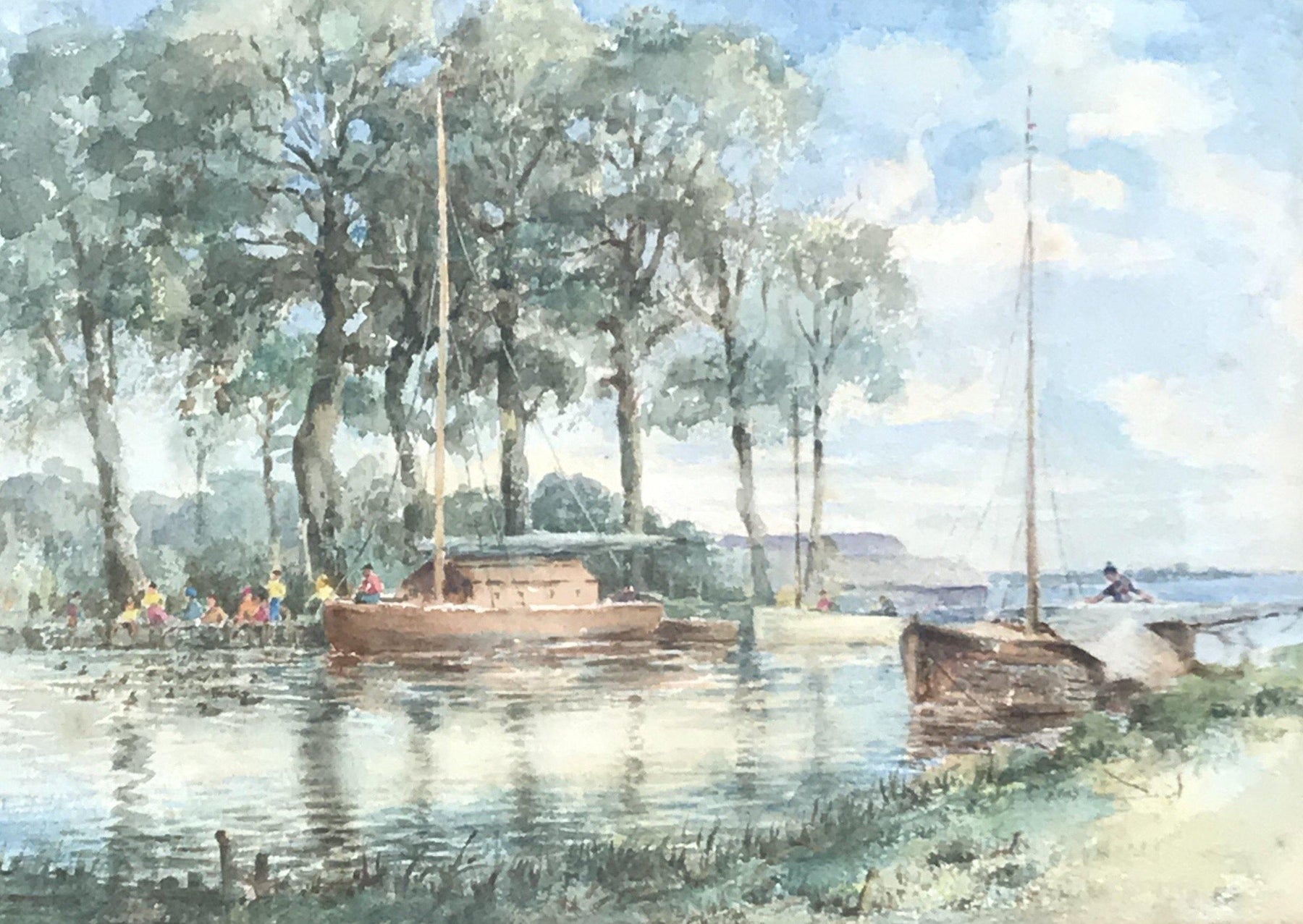 Antique framed watercolor of boating scene