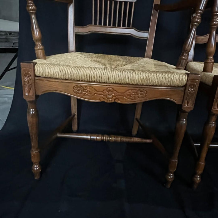 Set of Four Walnut Italian Carved Wood Rush Seat Chairs