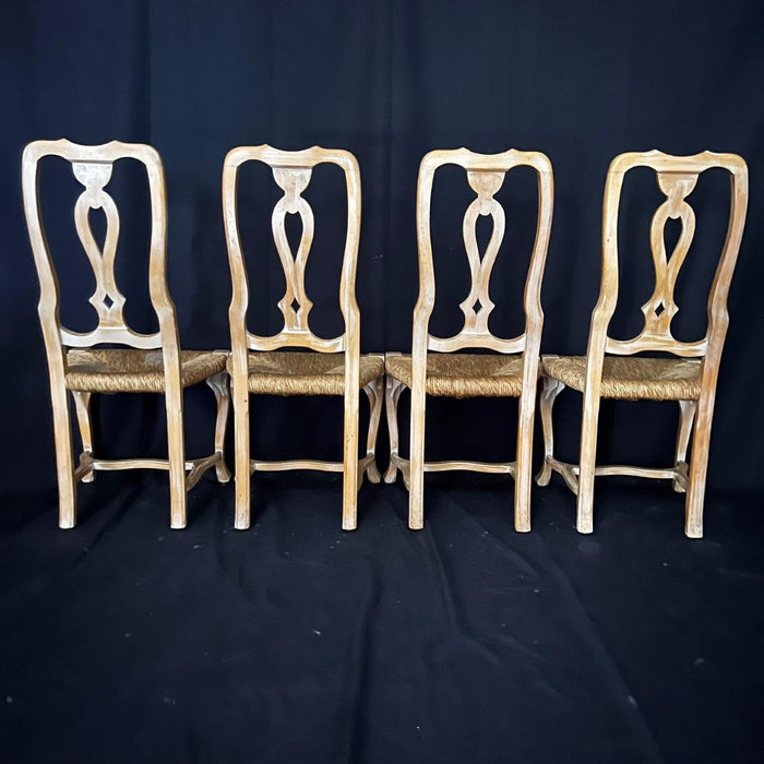 Set of Six French Rush Seat Dining Chairs in Cerused Walnut Louis XV Style