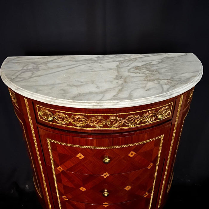 French Louis XVI Style Marble Top Demilune Cabinet